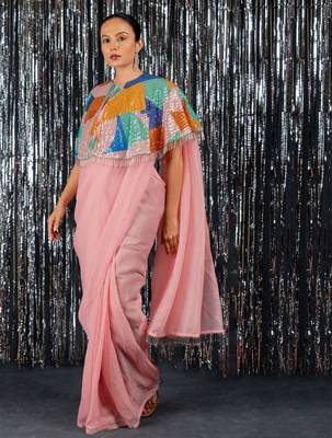 Peach fashion embellished sequinned  ready to wear saree 1