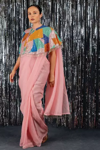 Peach fashion embellished sequinned  ready to wear saree