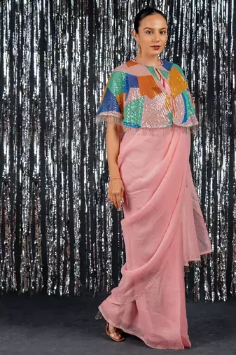 Peach fashion embellished sequinned  ready to wear saree