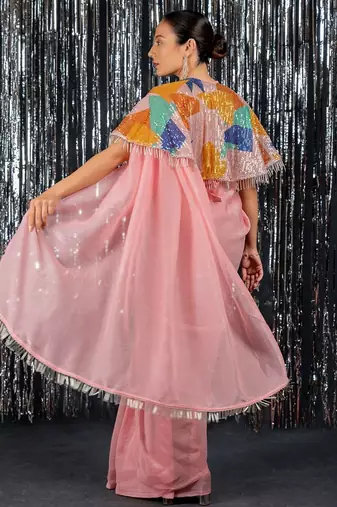 Peach fashion embellished sequinned  ready to wear saree