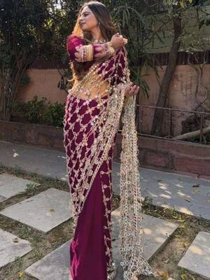 Burgundy embellished mirror work silk blend heavy work saree 1