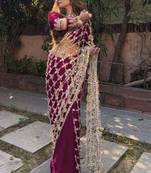 Burgundy embellished mirror work silk blend heavy work saree