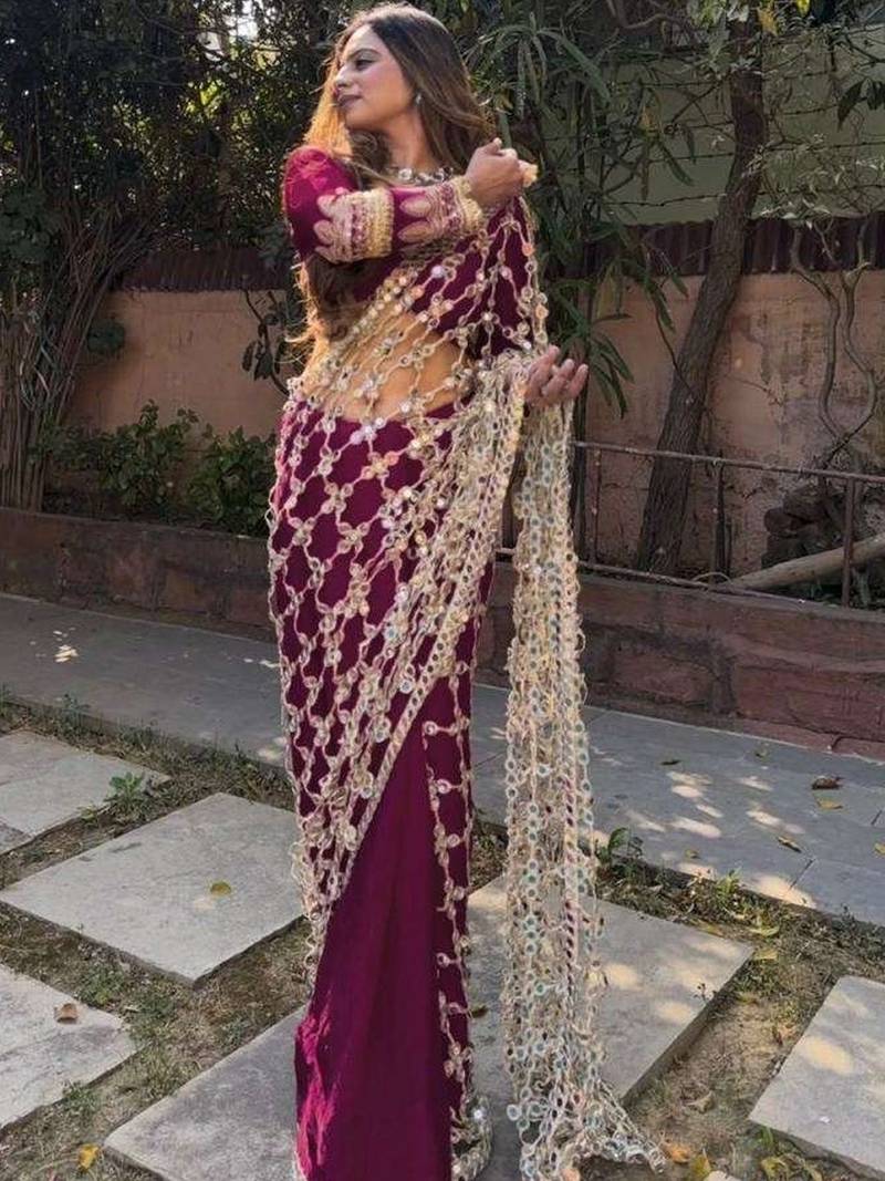 Burgundy embellished mirror work silk blend heavy work saree