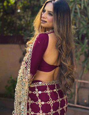 Burgundy embellished mirror work silk blend heavy work saree 2