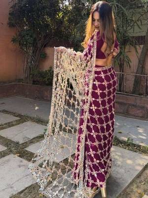 Burgundy embellished mirror work silk blend heavy work saree 3