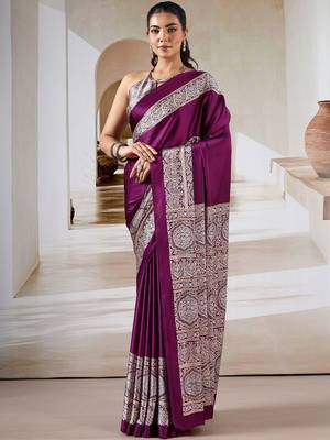 Purple ethnic motifs satin designer saree 1