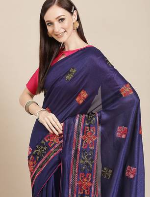 Navy blue navy blue & orange ethnic motifs embroidered saree 1