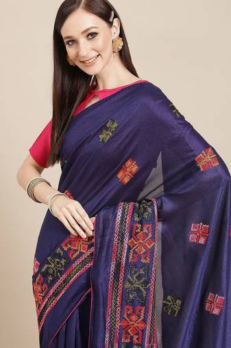 Navy blue navy blue & orange ethnic motifs embroidered saree