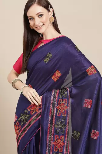 Navy blue navy blue & orange ethnic motifs embroidered saree