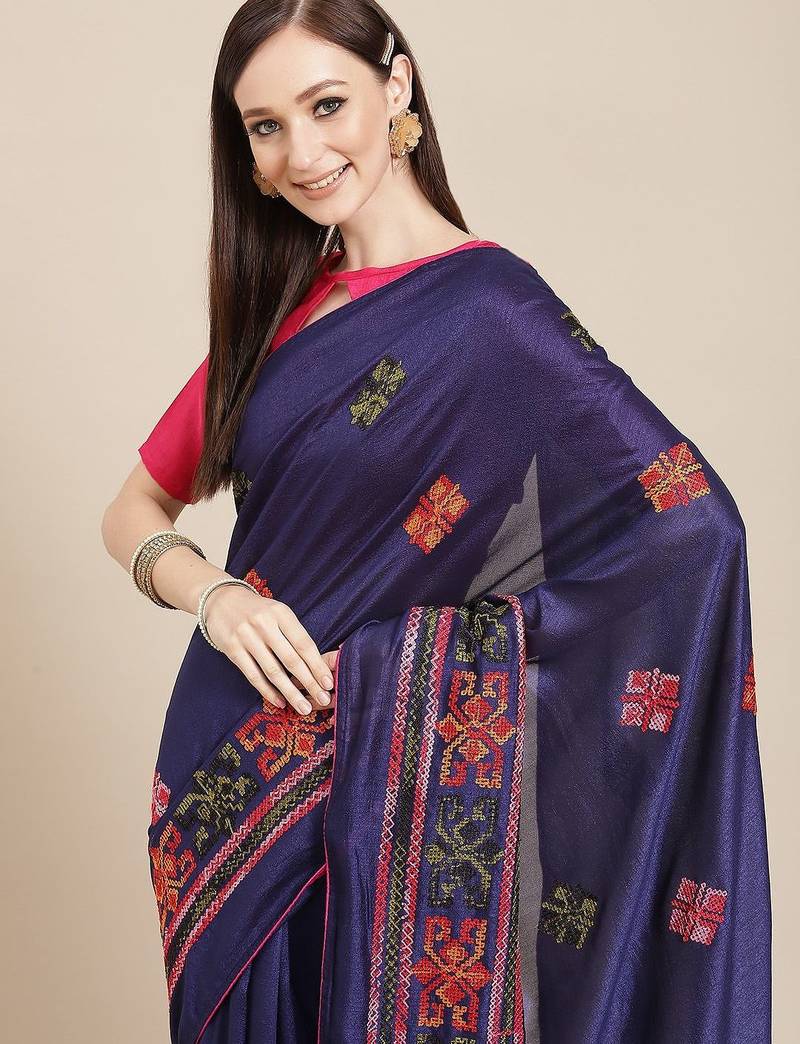 Navy blue navy blue & orange ethnic motifs embroidered saree