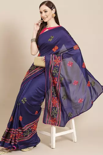 Navy blue navy blue & orange ethnic motifs embroidered saree