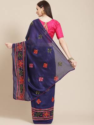Navy blue navy blue & orange ethnic motifs embroidered saree 3