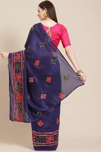 Navy blue navy blue & orange ethnic motifs embroidered saree