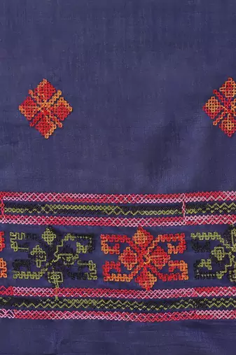 Navy blue navy blue & orange ethnic motifs embroidered saree