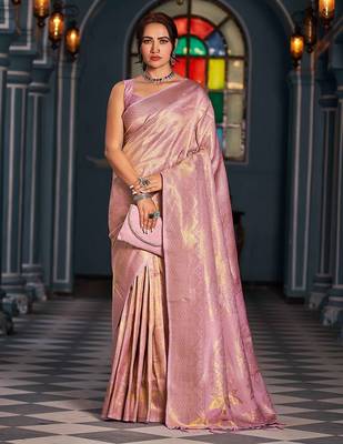 Purple floral woven design zari saree 1