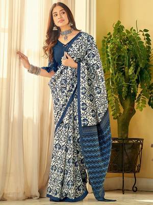 Off white ethnic motifs printed bhagalpuri saree 1