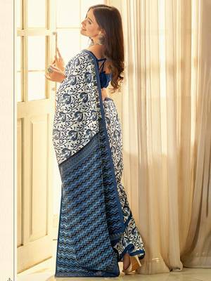 Off white ethnic motifs printed bhagalpuri saree 2
