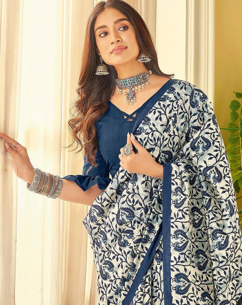 Off white ethnic motifs printed bhagalpuri saree