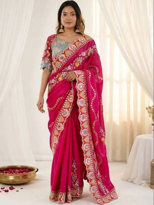 Pink woven design mirror work silk blend fusion saree 1