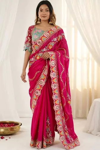 Pink woven design mirror work silk blend fusion saree
