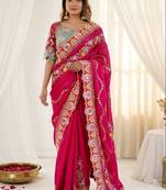 Pink woven design mirror work silk blend fusion saree
