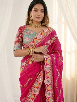Pink woven design mirror work silk blend fusion saree 2