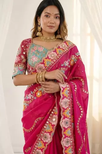 Pink woven design mirror work silk blend fusion saree