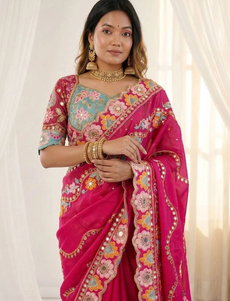 Pink woven design mirror work silk blend fusion saree