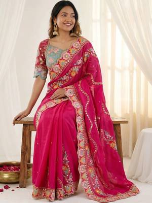 Pink woven design mirror work silk blend fusion saree 3