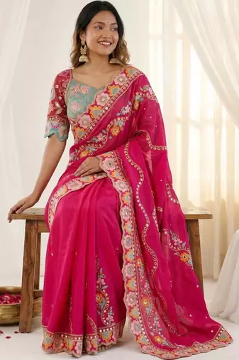 Pink woven design mirror work silk blend fusion saree