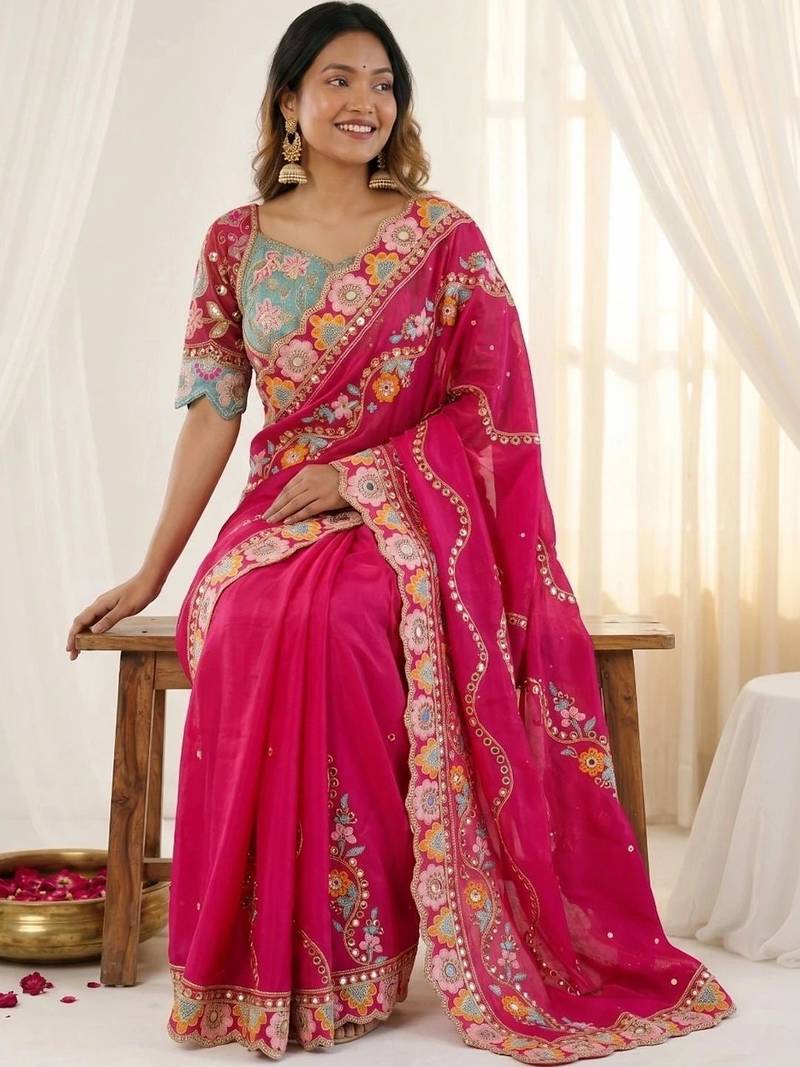 Pink woven design mirror work silk blend fusion saree