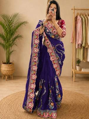 Purple floral embroidered silk blend fusion saree 1
