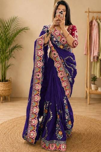 Purple floral embroidered silk blend fusion saree