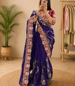 Purple floral embroidered silk blend fusion saree