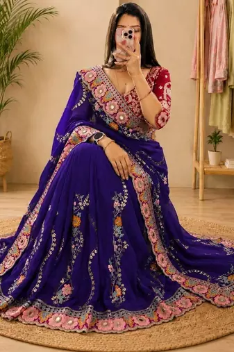 Purple floral embroidered silk blend fusion saree