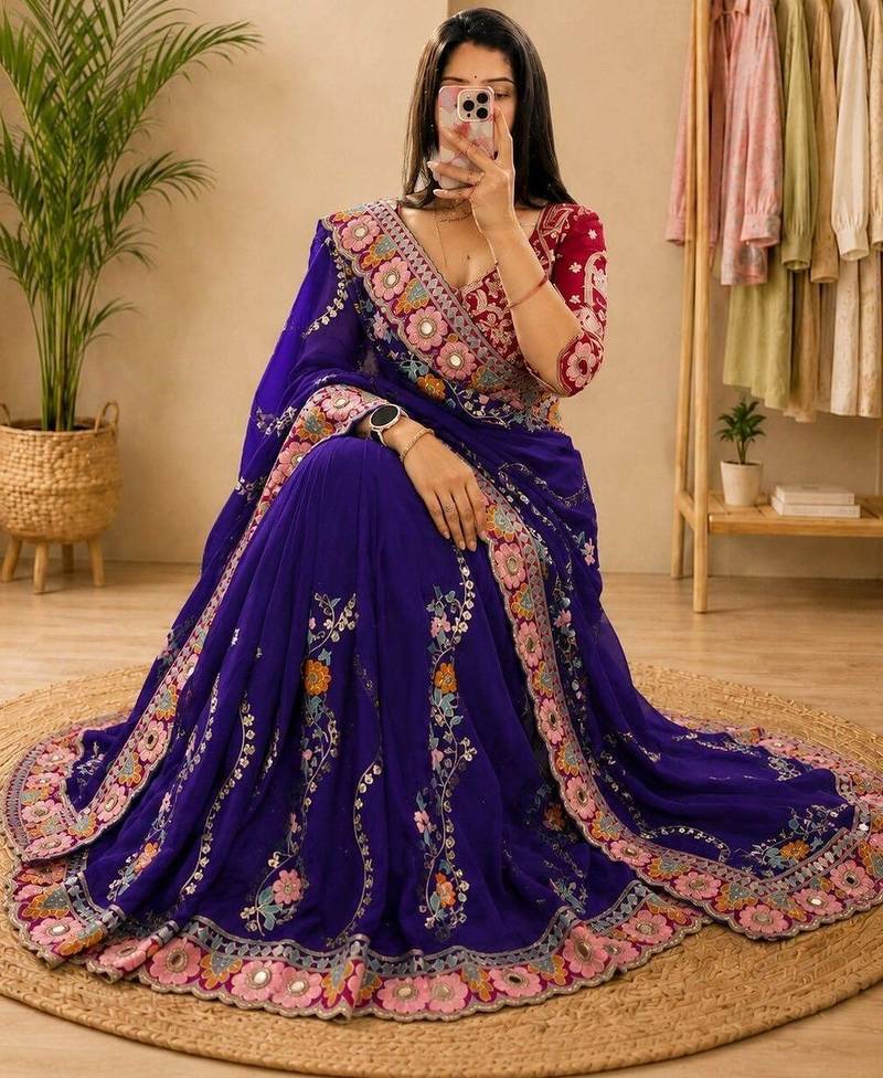 Purple floral embroidered silk blend fusion saree