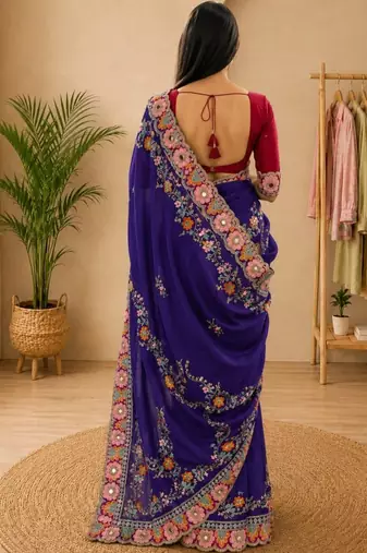 Purple floral embroidered silk blend fusion saree