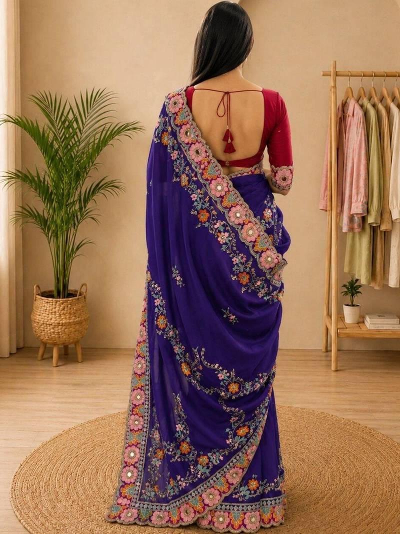 Purple floral embroidered silk blend fusion saree