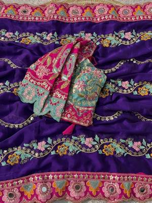 Purple floral embroidered silk blend fusion saree 4