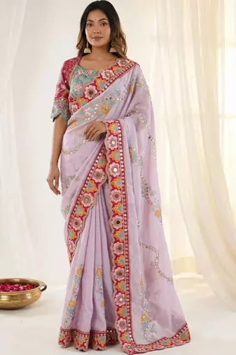 Lavender woven design mirror work silk blend fusion saree