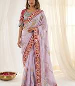 Lavender woven design mirror work silk blend fusion saree
