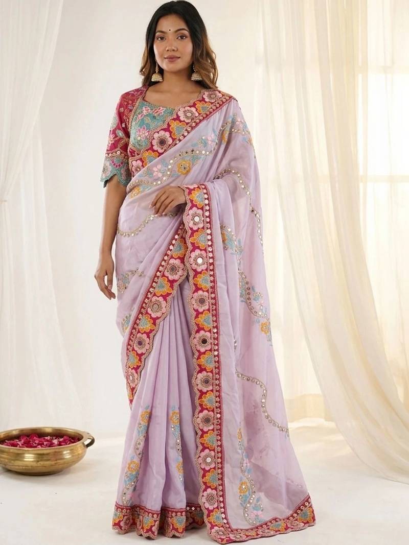 Lavender woven design mirror work silk blend fusion saree
