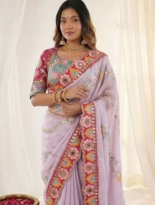 Lavender woven design mirror work silk blend fusion saree 2