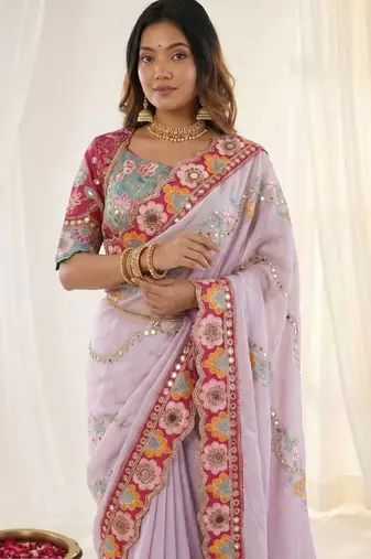 Lavender woven design mirror work silk blend fusion saree