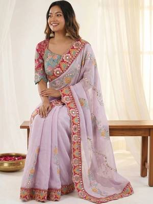 Lavender woven design mirror work silk blend fusion saree 3