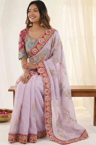 Lavender woven design mirror work silk blend fusion saree