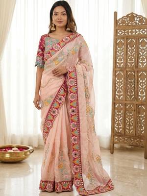 Peach woven design embroidered silk blend fusion saree 1