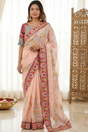 Peach woven design embroidered silk blend fusion saree