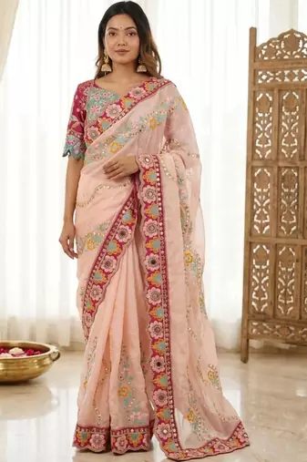 Peach woven design embroidered silk blend fusion saree