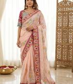 Peach woven design embroidered silk blend fusion saree